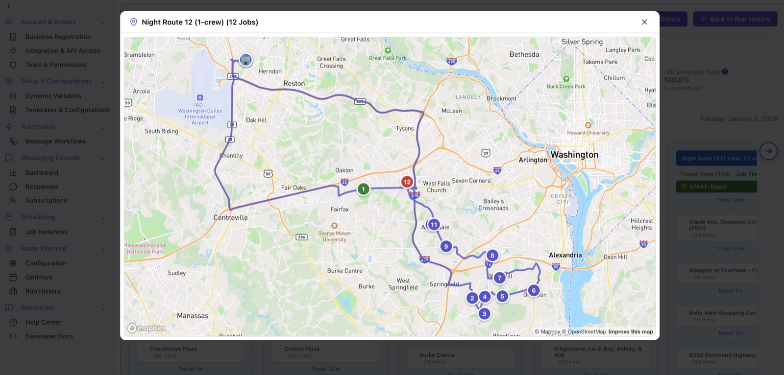 A CoPlaid optimised route map showing Night Route 12 with twelve sequenced job stops across northern Virginia, starting and ending at the depot, with travel time between each stop and a job coverage rate of 100 percent.